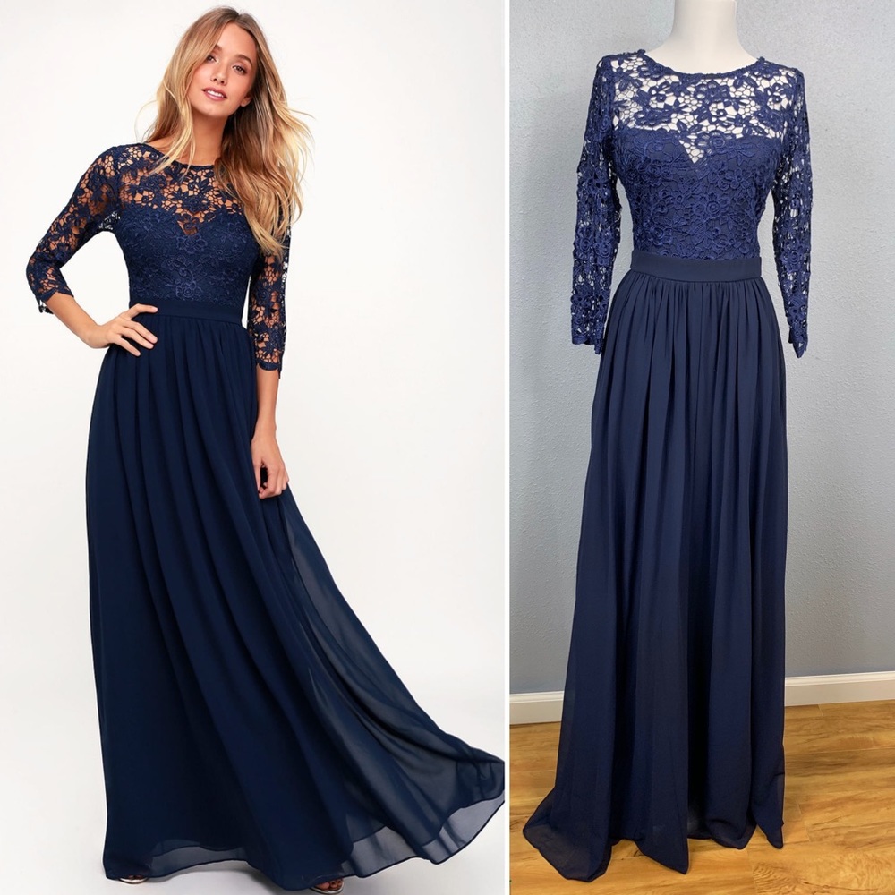 Lulus Touch My Heart Navy Lace-Up Lace Maxi dress